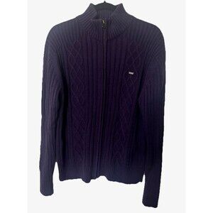 Levis Wool Blend Mens M Purple Chunky Fisherman Knit Full Zip Mock Neck Sweater
